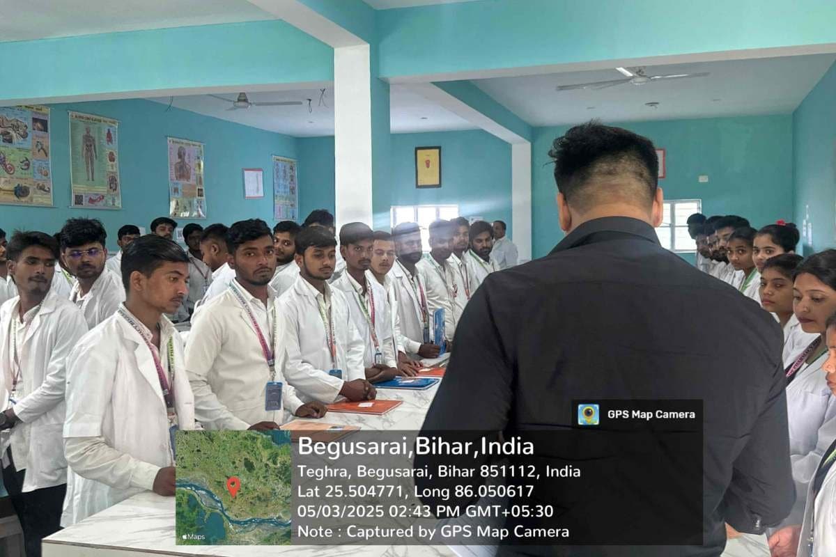 Students in a pharmacy classroom at G M College of Pharmacy